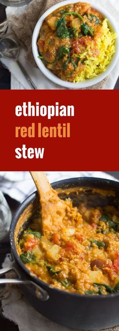 ethiopian red lentil stew with spinach and carrots in a black pot on a white plate