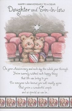 an anniversary card with two teddy bears hugging each other in front of a theater scene