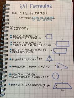 a notebook with some writing on it that says sat formulas and how to find the average