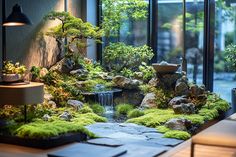 a living room filled with lots of green plants and rocks next to a small waterfall