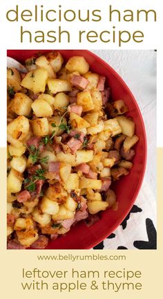 a red bowl filled with potatoes and ham