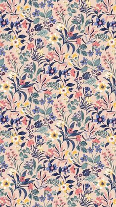 a floral wallpaper pattern with blue, pink and yellow flowers on it's sides