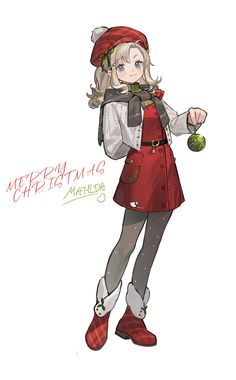 a girl in a red dress and hat holding an apple with the words merry christmas written on