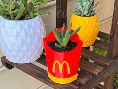 two potted plants sitting on top of a wooden bench