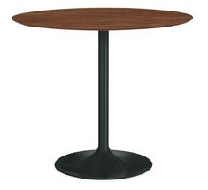 a round wooden table with black metal base and an oval wood top, viewed from the front