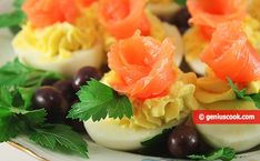 deviled eggs with smoked salmon and olives