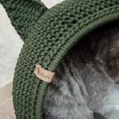 a gray cat wearing a green knitted hat with a tag on it's ear