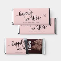 two chocolate bars with the words happily ever after printed on them