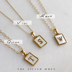 Initial Necklace for Women, Trendy and chic this pendant necklace is made for everyday! Wear your favorite letter on our initial necklace, it's perfect for a gift too! •Gold plated rectangle initial pendant•Mother of Pearl inlay •100% 14kt gold filled chain Rectangular Monogram Jewelry For Anniversary, Classic Rectangular Initial Necklace, Rectangular Initials Jewelry For Personalized Gift, Personalized Rectangular Initials Jewelry, Silver Rectangular Initial Necklace As Gift, Classic White Initial Pendant Necklace, Classic Monogram Rectangular Jewelry, Classic White Initials Necklace, Everyday White Tarnish Resistant Charm Necklaces