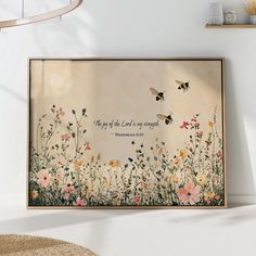 a painting on the wall with flowers and two bees flying over it that says, they are not all who we are meant to be