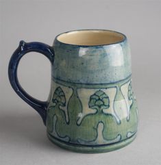 a blue and green ceramic mug with designs on the outside, sitting on a white surface