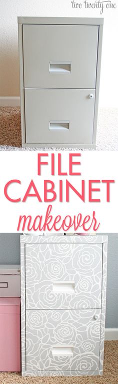 a white cabinet sitting on top of a carpeted floor next to a wall with the words file cabinet makeover over it