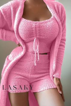 Lasaky - Premium Three-Piece Fleece Sleepwear Set with Stylish Loungewear Fleece Cardigan, Pajama Suit, Set Outfits, Silk Sleepwear, Sleepwear Sets, Loungewear Set, Tracksuit Women, Knit Set, Womens Fashion Casual