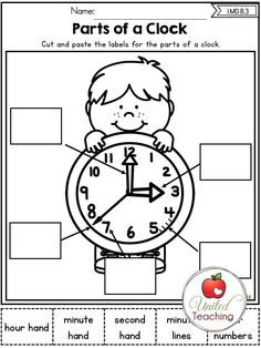 parts of a clock worksheet for kids to practice the time in their classroom