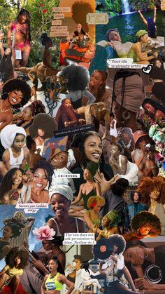 the collage shows many different people and their faces, including one woman with an afro