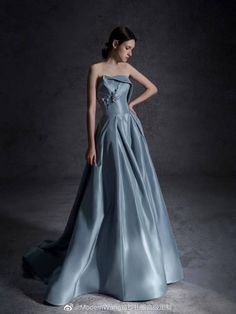 Dusty Blue Dress, Blue Evening Gowns, Heavy Dresses, Evening Gowns With Sleeves, Classy Prom Dresses, Fashion 101, Professional Fashion, Metallic Blue, Fashion Studio