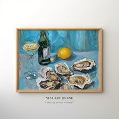 an oil painting of oysters and a wine glass on a blue background with the name anni art brush