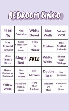 a purple and white board with words on it that say bedroom bingo, has curtains,