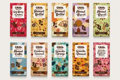 six different types of chocolate bars with the labels printed on them, all in different colors