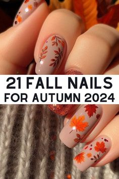 Nail Designs With Fall Leaves, Fall Nails Designs Autumn Leaves, Fall Nail With Leaves, Fall Nails With Pumpkins And Leaves, Autumn Nail Art Ideas, Autumn Leaves Nail Designs, Fall Nails Leaves Autumn, Gel Nails Fall Colors, Fall Nail Designs With Leaves