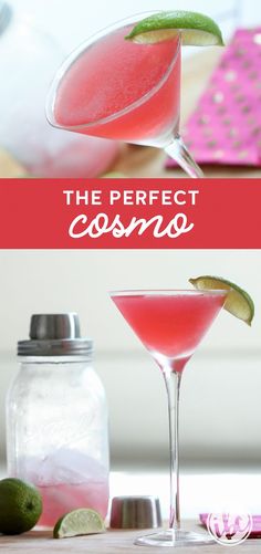 the perfect cosmo cocktail is served in coupe glasses and garnished with limes