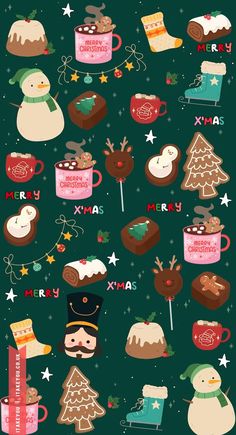 a christmas themed wallpaper with many different items