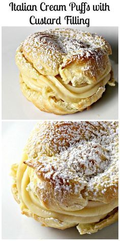 some type of pastry with powdered sugar on top and cream puffs on the bottom