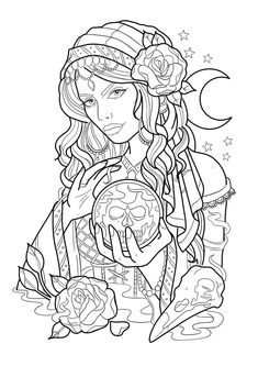 a girl with roses on her head is holding a rose in her hand and the moon behind her