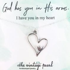 This sweet memorial necklace features a .925 sterling silver heart shaped pendant with a second tiny heart hidden within. Pendant Measures: 1 1/4" x 3/4" Product Card: "God has you in His arms, I have you in my heart" Chain Options: 18", 20", 24", & 30" double rope, rounded box, diamond cut rolo, and diamond cut be Words Of Strength, In His Arms, Heart Shaped Pendant, Pearl Necklace Vintage, Memorial Necklace, Heart Chain, Tiny Heart, Romantic Love Quotes, Heart Shape Pendant