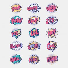 pop - art comic speech bubbles with the words wow and lol in different colors