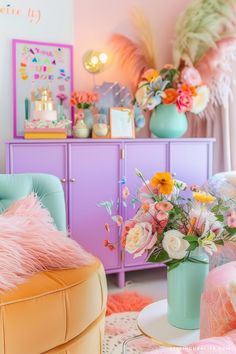 a living room filled with furniture and flowers