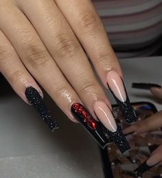 Black Nails Red Underneath, Nails Red Underneath, Nails For Black Prom Dress, Simple Red And Black Nails, Black Nails With Red Rhinestones, Red Bottoms Nails, Red Bottom Nails, Fancy Nail Designs, Black Prom Nails