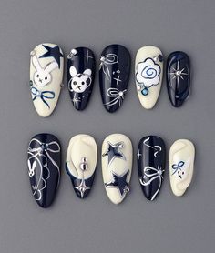 🍁Product Description: This handmade blue and white summer press on nail short design is filled with a playful and dreamy feel. The delicate butterfly and rabbit add a unique charm, bringing natural and adorable elements. This nail design is both fresh and fashionable, suitable for various occasions, especially spring and summer events. With this nail design, your fingertips will exude a captivating radiance. 🍁What is included: 24*Sticker Tab Alcohol Pad Cuticle pusher Nail File Nail Glue 🍁Siz Short Nails Inspiration Simple Elegant, Checkers Nails Design, Scaramouche Nails Design, Blue Square Nail Designs, Short Square Press On Nails, Anime Manicure, Cute Grey Nails, Blue Nails Cute, Short Blue Nail Designs