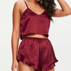 ~ Beautiful, Sexy, And Comfy Burgundy Wine Red Satin Cami Short Pajama Set Details: ~ New With Tags ~ Brand: Missguided ~ Size: Women Us 4 (Fits Like A Small) ~ Perfect Pajama Pj Set For Valentine's Day! Red Cami, Frill Shorts, Satin Camisole, Sleeveless Suit, Cami Set, Satin Cami, Satin Pajamas, Sleepwear Sets, Elastic Waist Shorts