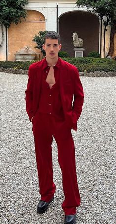 Mens All Red Outfit, Red Prom Outfit Men, Aesthetic Red Outfits Men, Red Suit Men Aesthetic, Mens Valentines Day Outfit, Prom Men, Grad Outfits