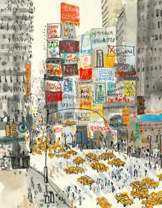 this is an image of a cityscape with lots of signs and people on the street