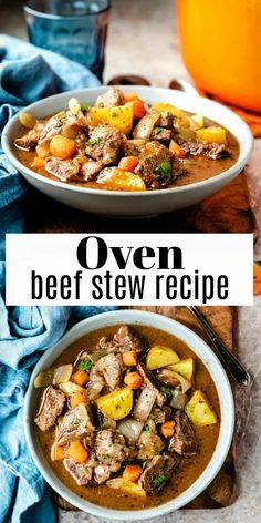 two bowls of beef stew with carrots and potatoes