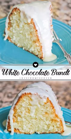 two pictures of a white chocolate bundt cake on a blue plate