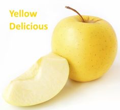 an apple with a bite taken out of it and the words yellow delicious written below