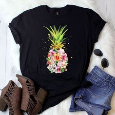 Pineapple Flowers, Pineapple Shirt, Mode Kimono, Summer Graphic Tee, Flower Shirt, Tank Top Hoodie, Direct To Garment Printer, Black Pattern, Printed Blouse