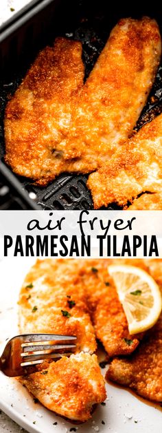 two pieces of fried parmesan tilapia on a plate with a fork