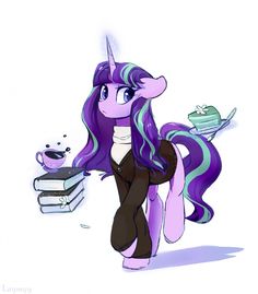 a drawing of a pony with purple hair holding a book and a coffee cup next to it