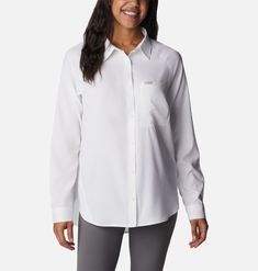 Lightweight and featuring sun-blocking and sweat-wicking tech, this long-sleeve shirt is sure to be a staple in your wardrobe. Wear it on the trail, town, and beyond. Outfits Camisa, Button Front Top, Womens Long Sleeve Shirts, Columbia Sportswear, Shirt Sale, Casual Fits, Upf 50, Sun Protection, Long Sleeve Shirt