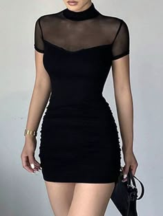 Black Elegant,Sexy Collar Short Sleeve Knitted Fabric Plain Bodycon Embellished Medium Stretch  Women Clothing Black Party Dresses Short, Aliexpress Dresses, Court Dresses, Mini Dresses For Women, Woman Standing, Lookbook Outfits, Hat Fashion, Stand Collar, Western Fashion