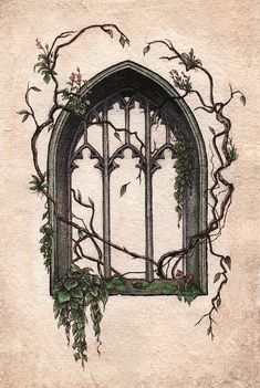 a drawing of a window with vines growing out of it