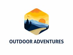 the outdoor adventures logo with mountains and trees in the background, on a white background