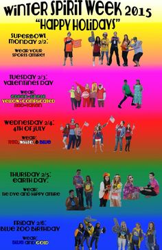 the poster for winter spirit week is shown in different colors and sizes, including rainbows