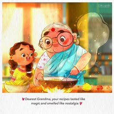 Childhood Illustration Art, Indian Family Drawing, Indian Grandma Illustration, Indian Mom Illustration, Mom Illustration Art, Grandma Drawing, Grandma Illustration, Indian Cartoon