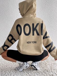 Khaki Casual Collar Long Sleeve Fabric Letter Pullovers Embellished Non-Stretch  Women Clothing Gym Hoodies, Shirt Painting, Aesthetic Hoodies, Drop Shoulder Hoodie, Gym Hoodie, Women Sweatshirts, Khaki Fashion, Pocket Hoodie, Sweatshirt Women