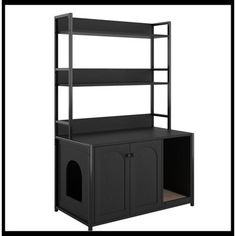 a black dog house with its door open to reveal the litter box and cabinet below